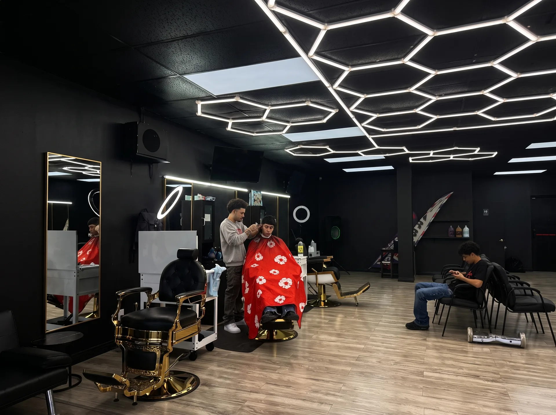 Bankz BarberHouse interior with hexagon lights